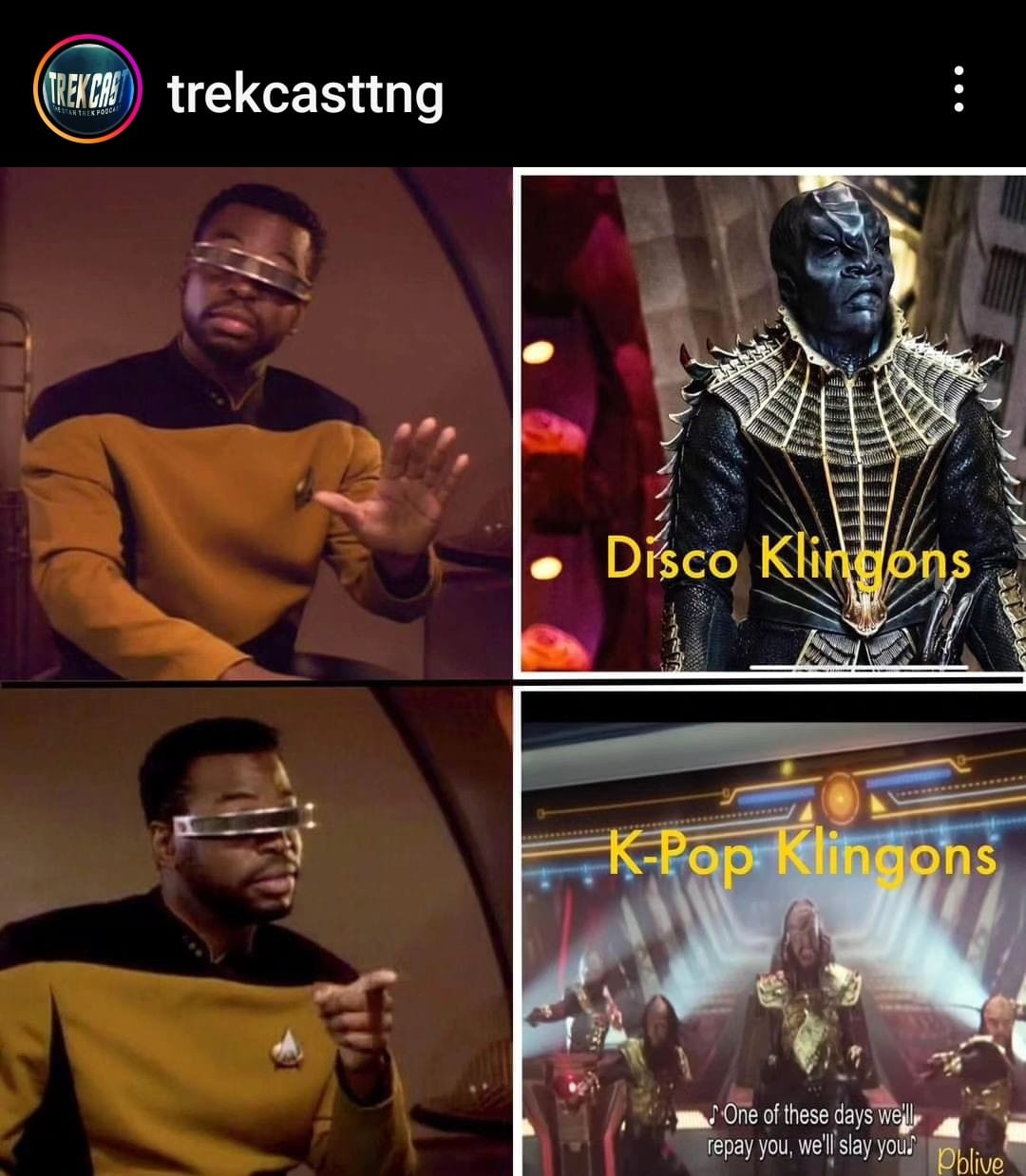 This meme is a humorous comparison between two fictional species from the Star Trek universe. The image shows a split-screen comparison between a Starfleet officer (William Riker) from the TV show Star Trek: The Next Generation, and a Klingon warrior from the same show. The text "D'Kor" is written above the Klingon image, while the text "Kor" is written above the Starfleet officer image.